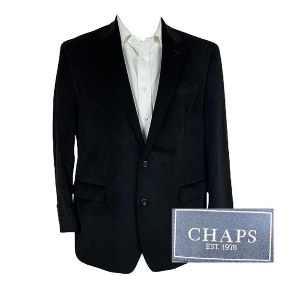 Chaps Sport Coat Blazer Mens 44R Solid‎ Black Microsuede Microfiber Polyester